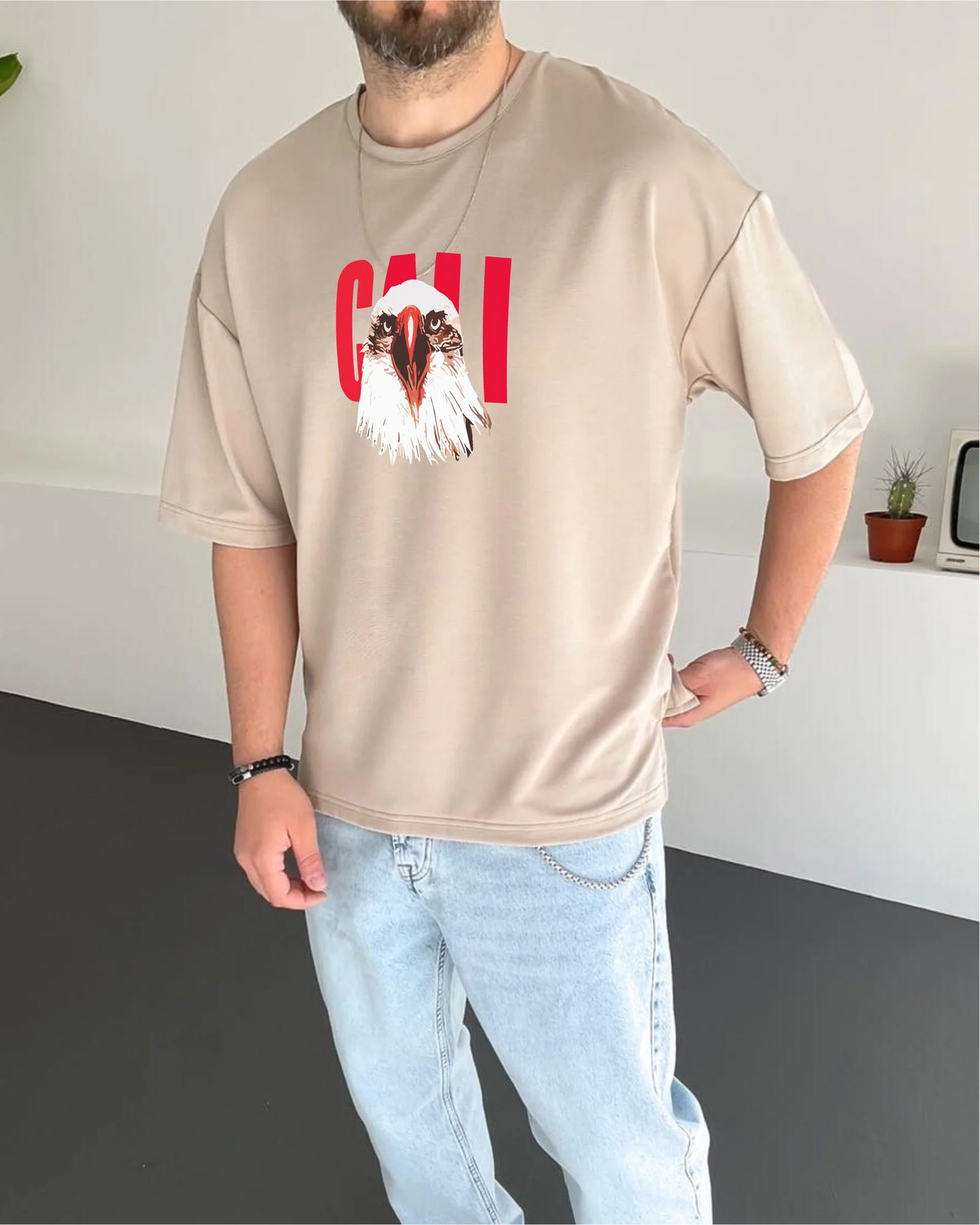 Beige "Eagle" Printed Oversize T-Shirt