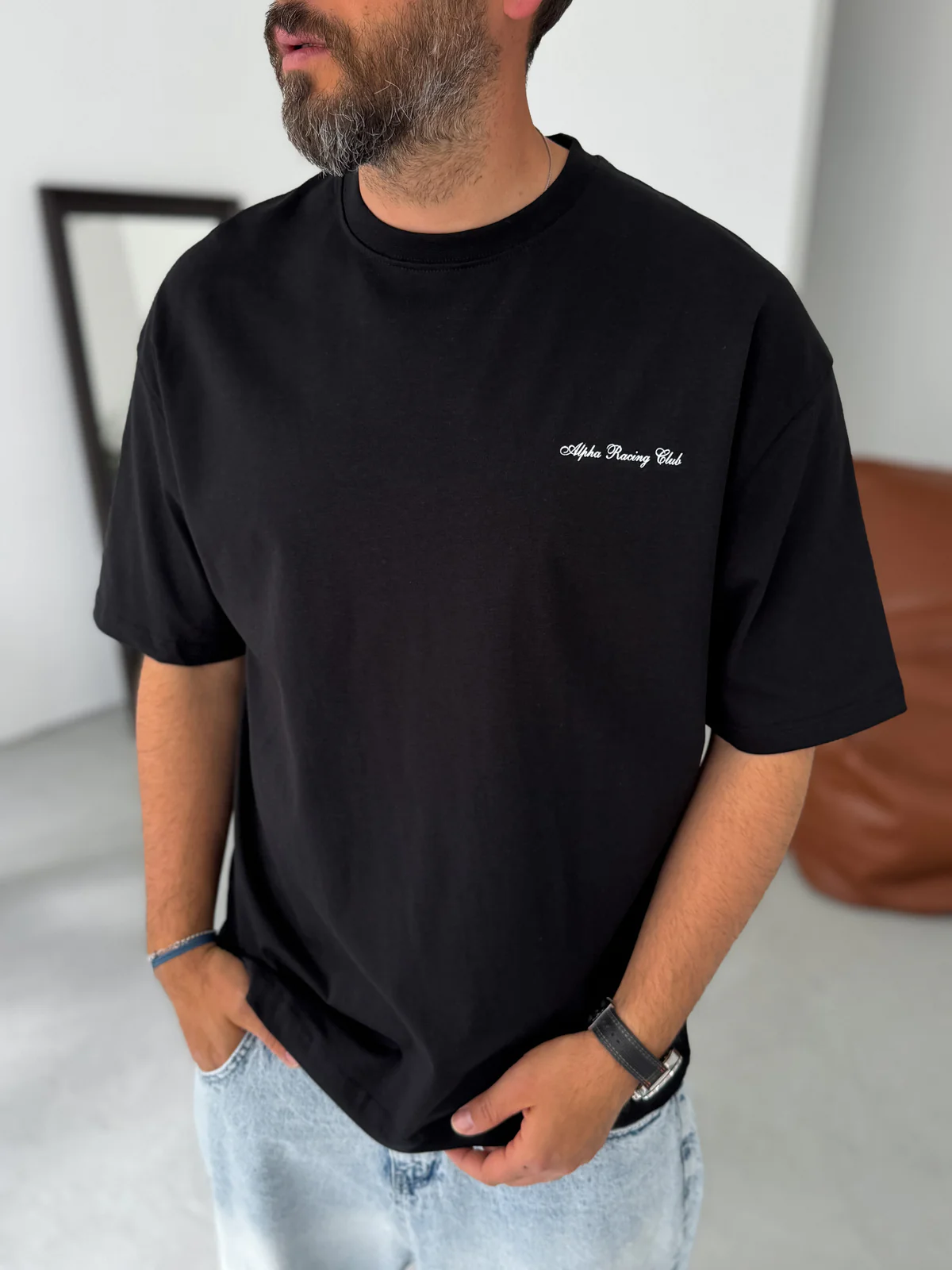 Premium Black 'Alpha Racing' Printed Oversize T-Shirt - Image 3