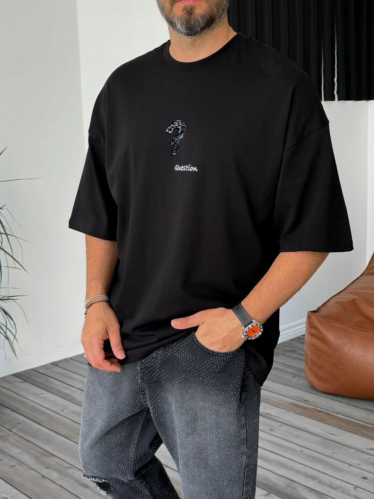 Premium Black "Question" Printed Oversize T-Shirt - Image 3