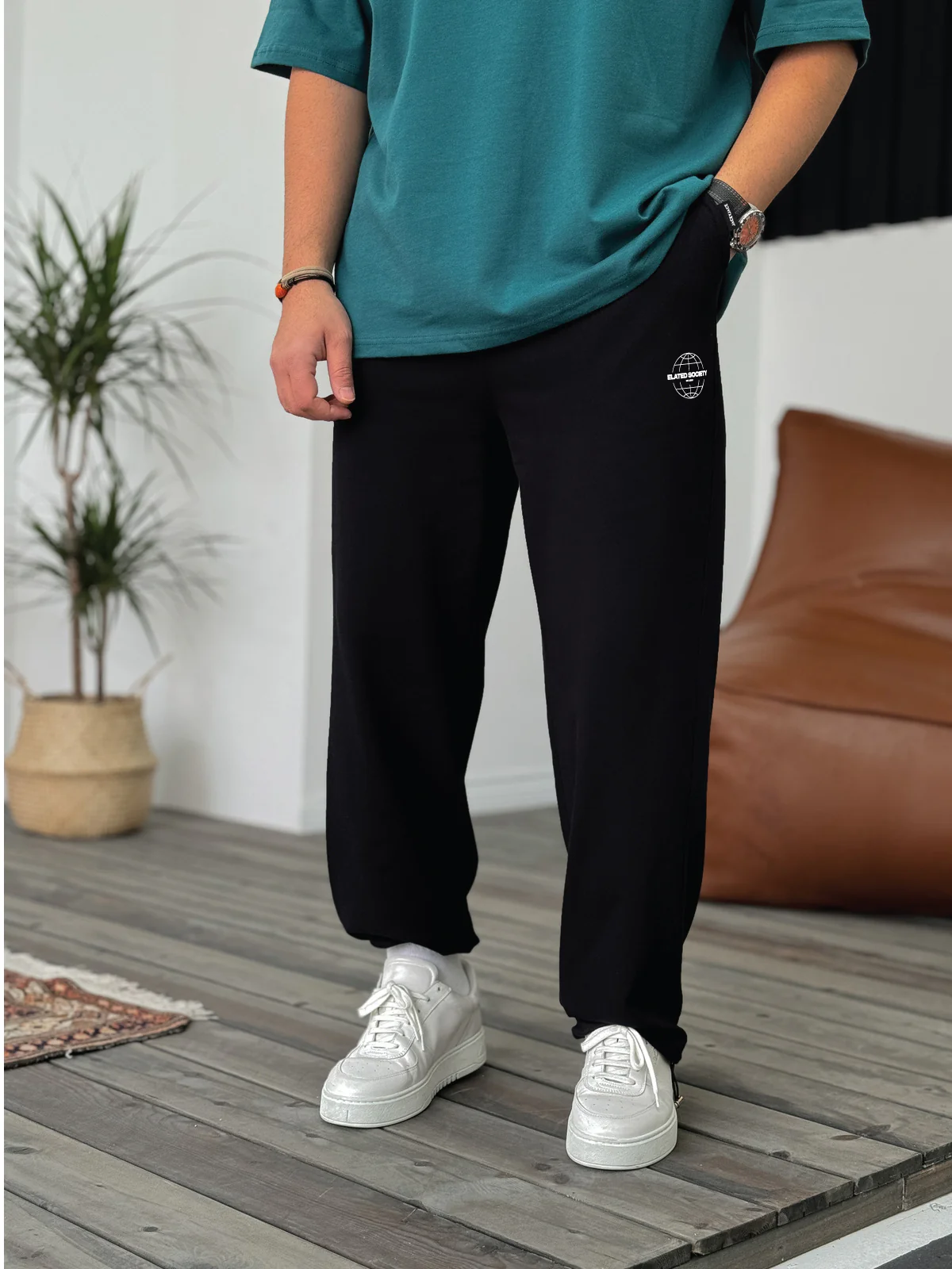 Black "Society" Printed Summer Sweatpants - Image 2