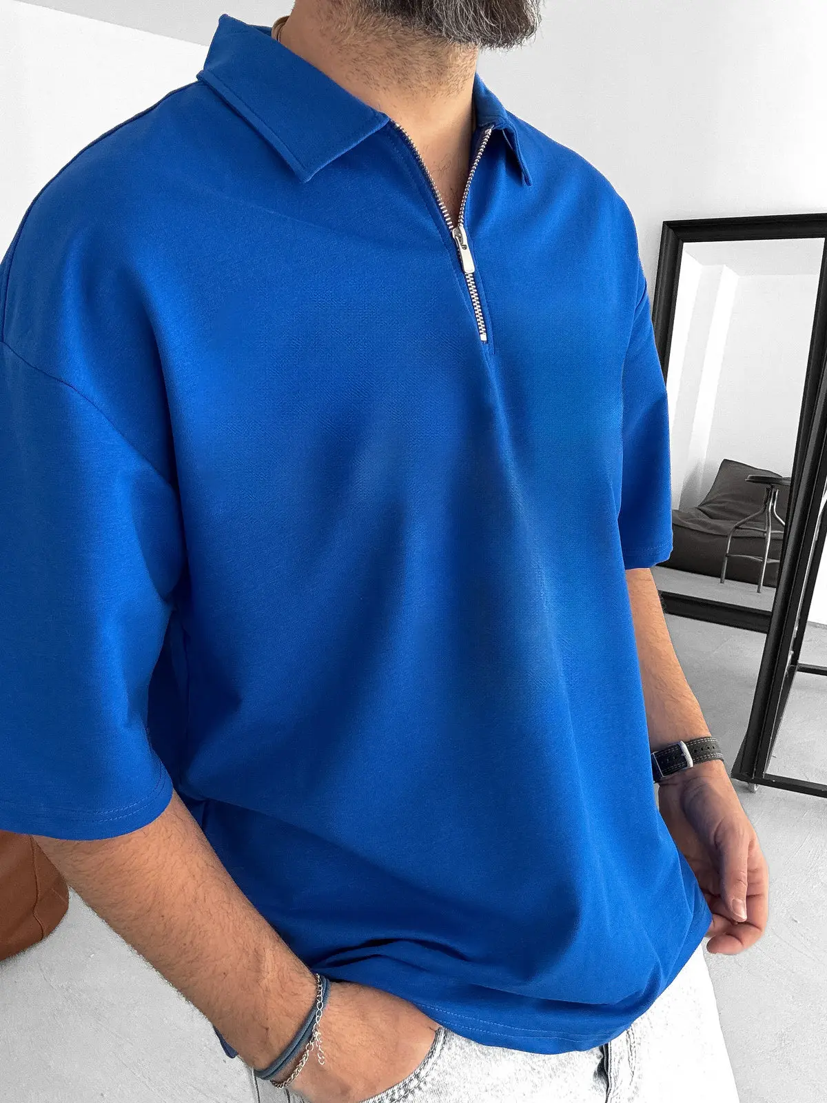 Blue Basic Half Zipper T-Shirt - Image 4