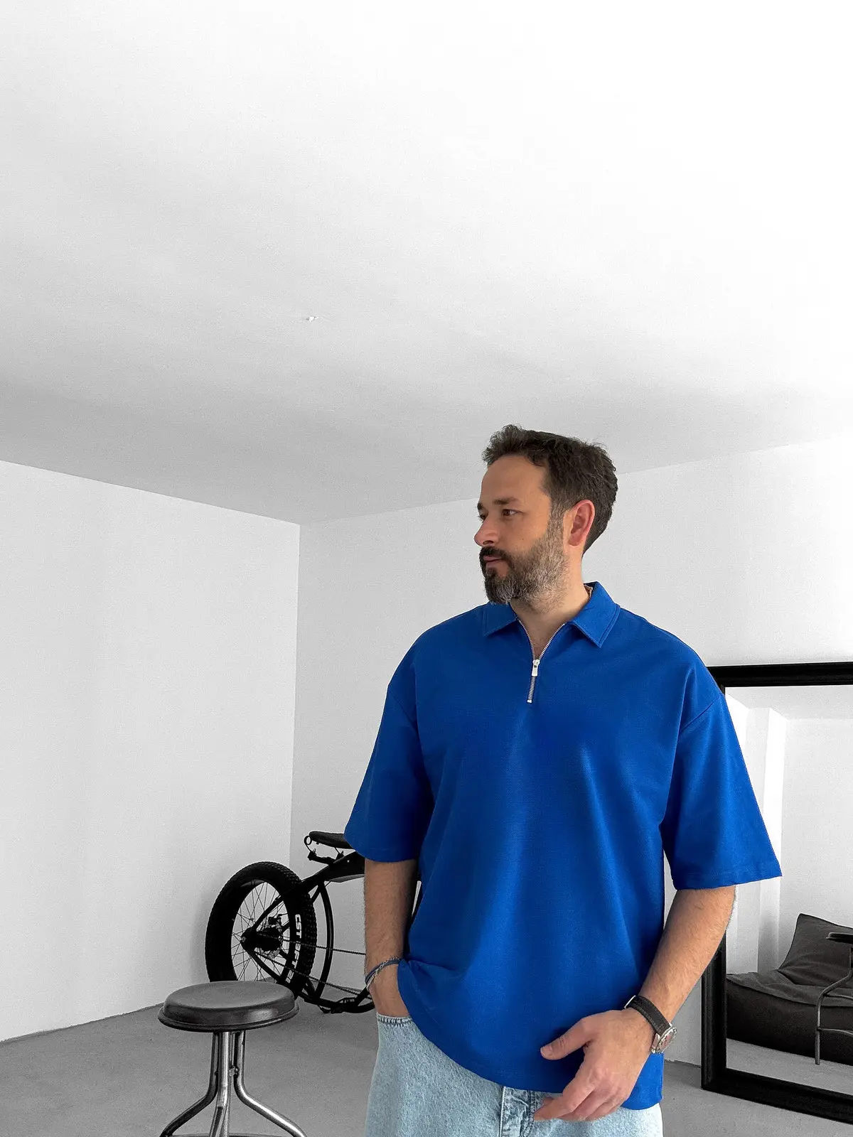 Blue Basic Half Zipper T-Shirt - Image 5