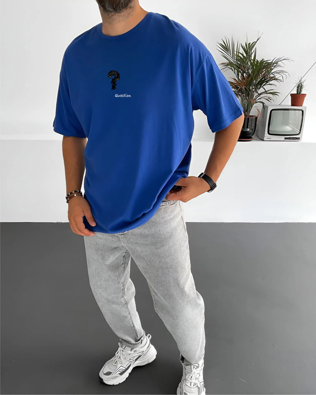 Royal Blue "Question" Printed Oversize T-Shirt - Image 2