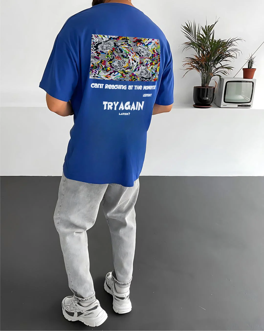 Royal Blue "Try Again" Printed Oversize T-Shirt