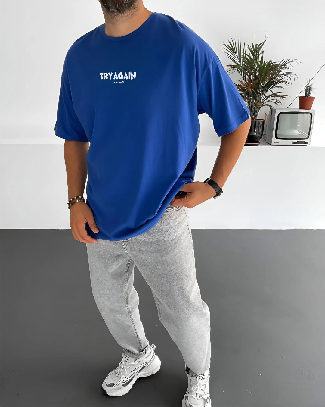 Royal Blue "Try Again" Printed Oversize T-Shirt - Image 2