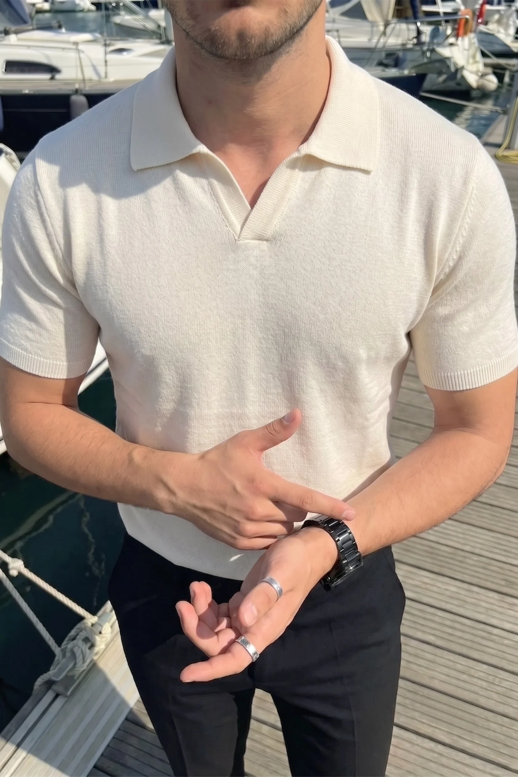 Knitted Polo T-Shirt – Beige - Image 4