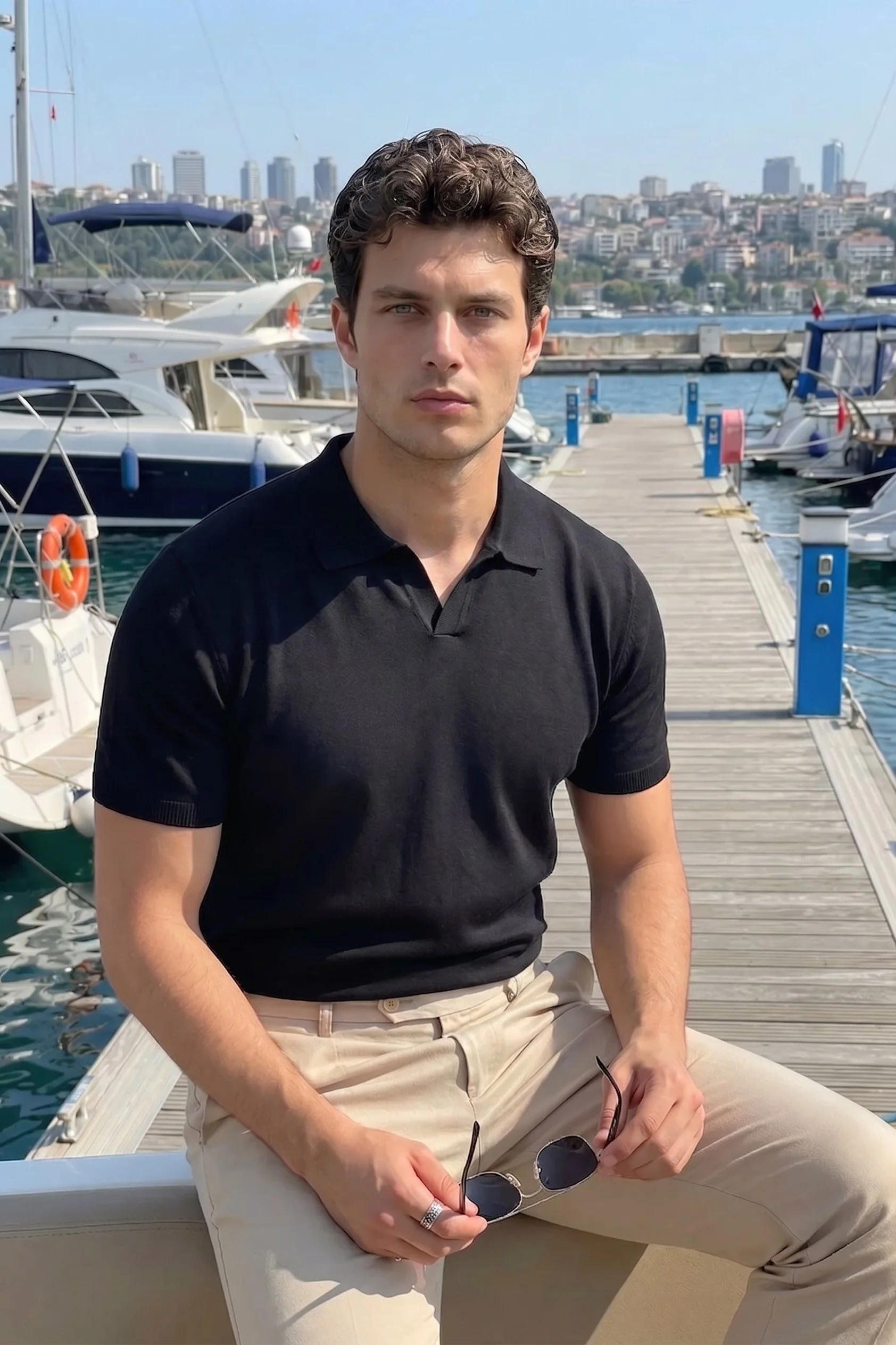 Knitted Polo T-Shirt – Black - Image 3