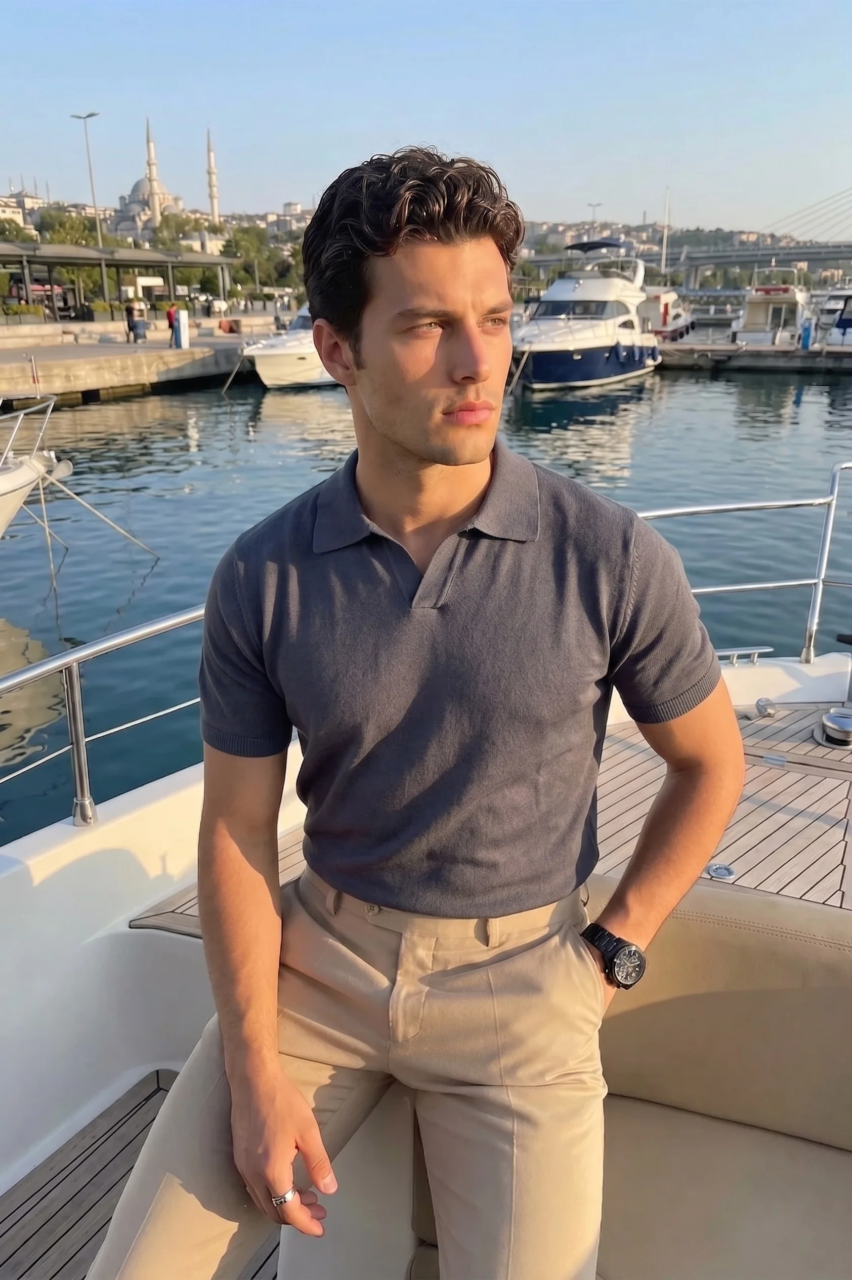 Knitted Polo T-Shirt – Dark Grey - Image 3