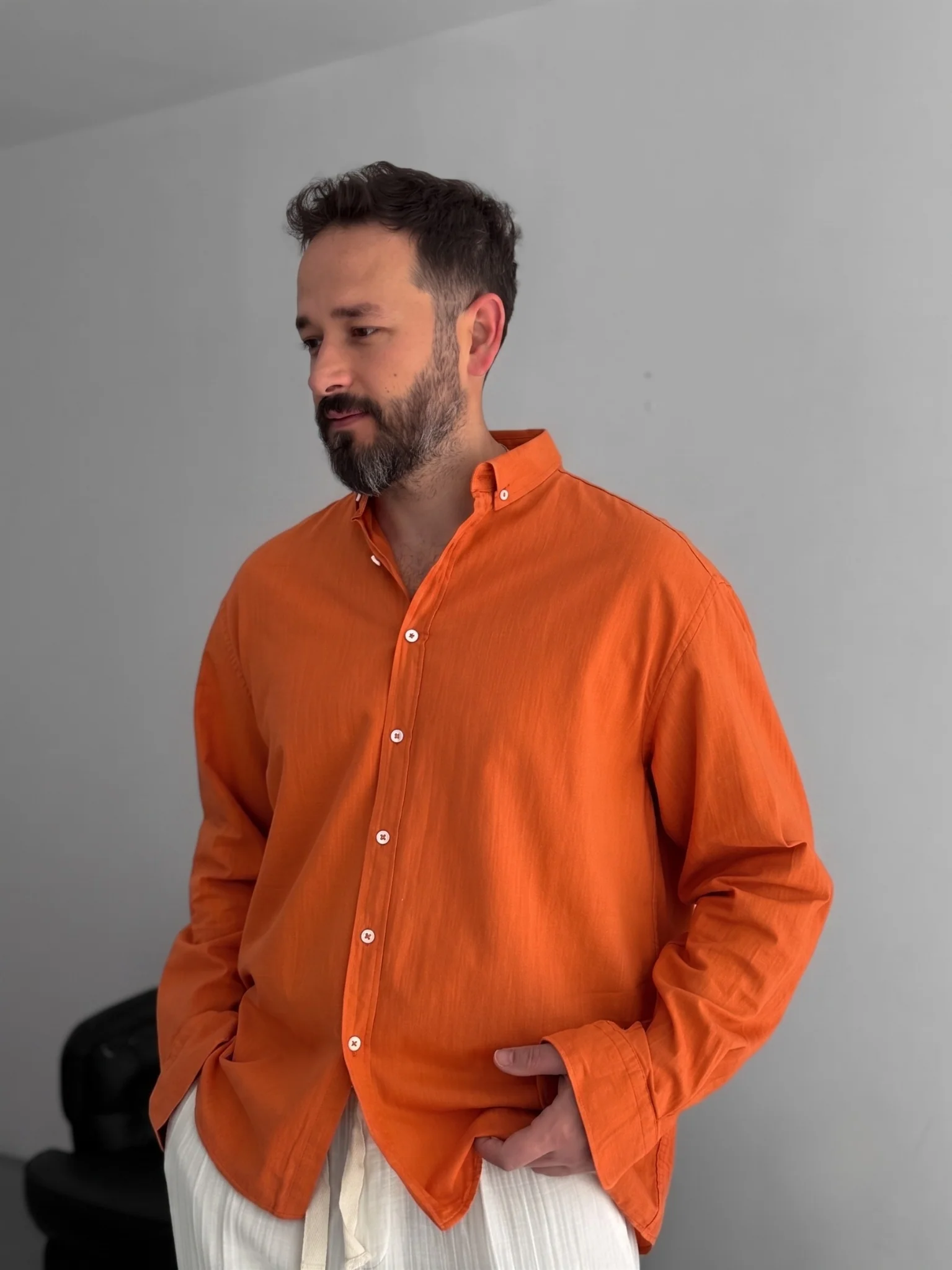 Pure Linen Orange Shirt - Image 4