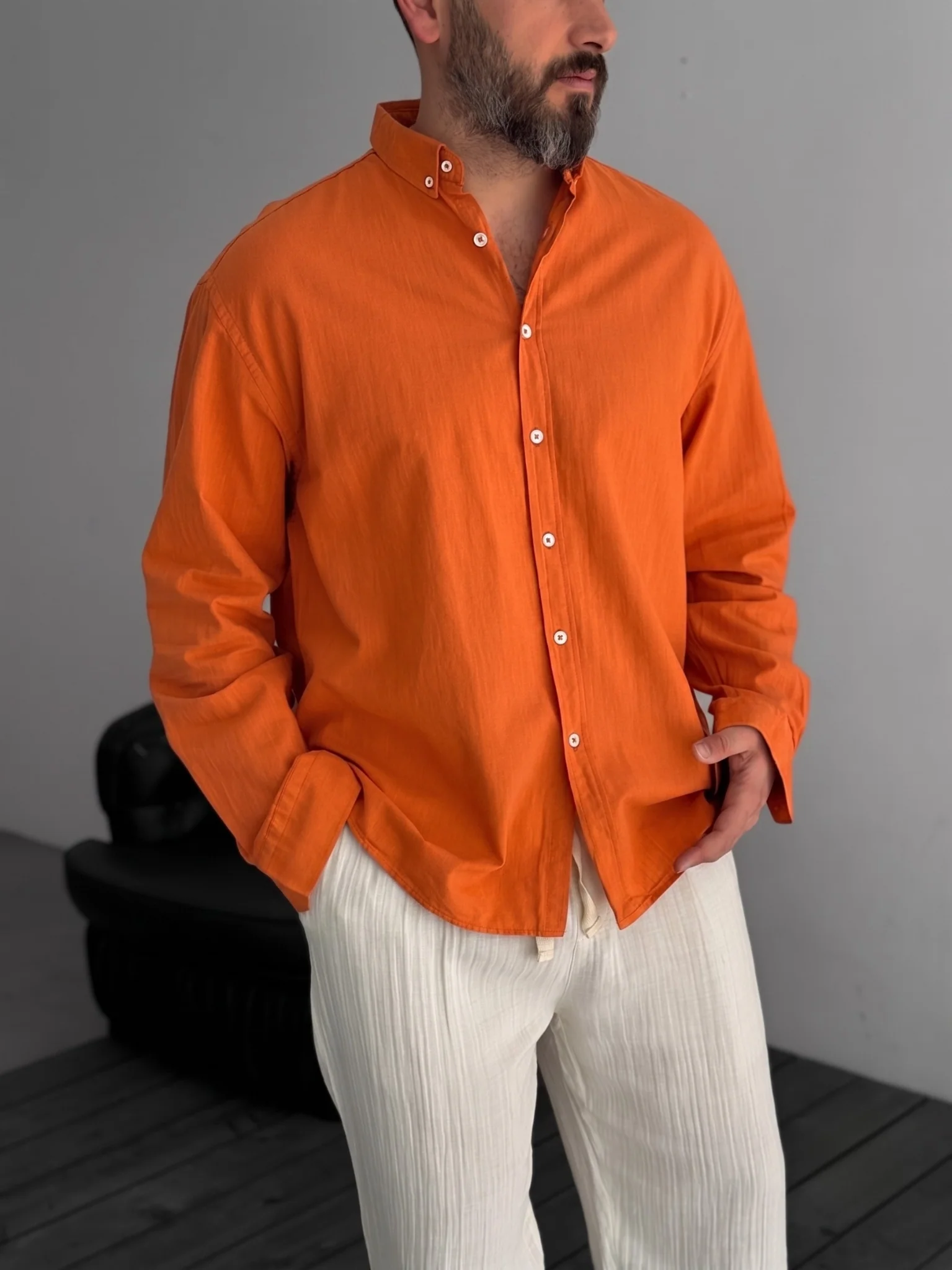 Pure Linen Orange Shirt - Image 6