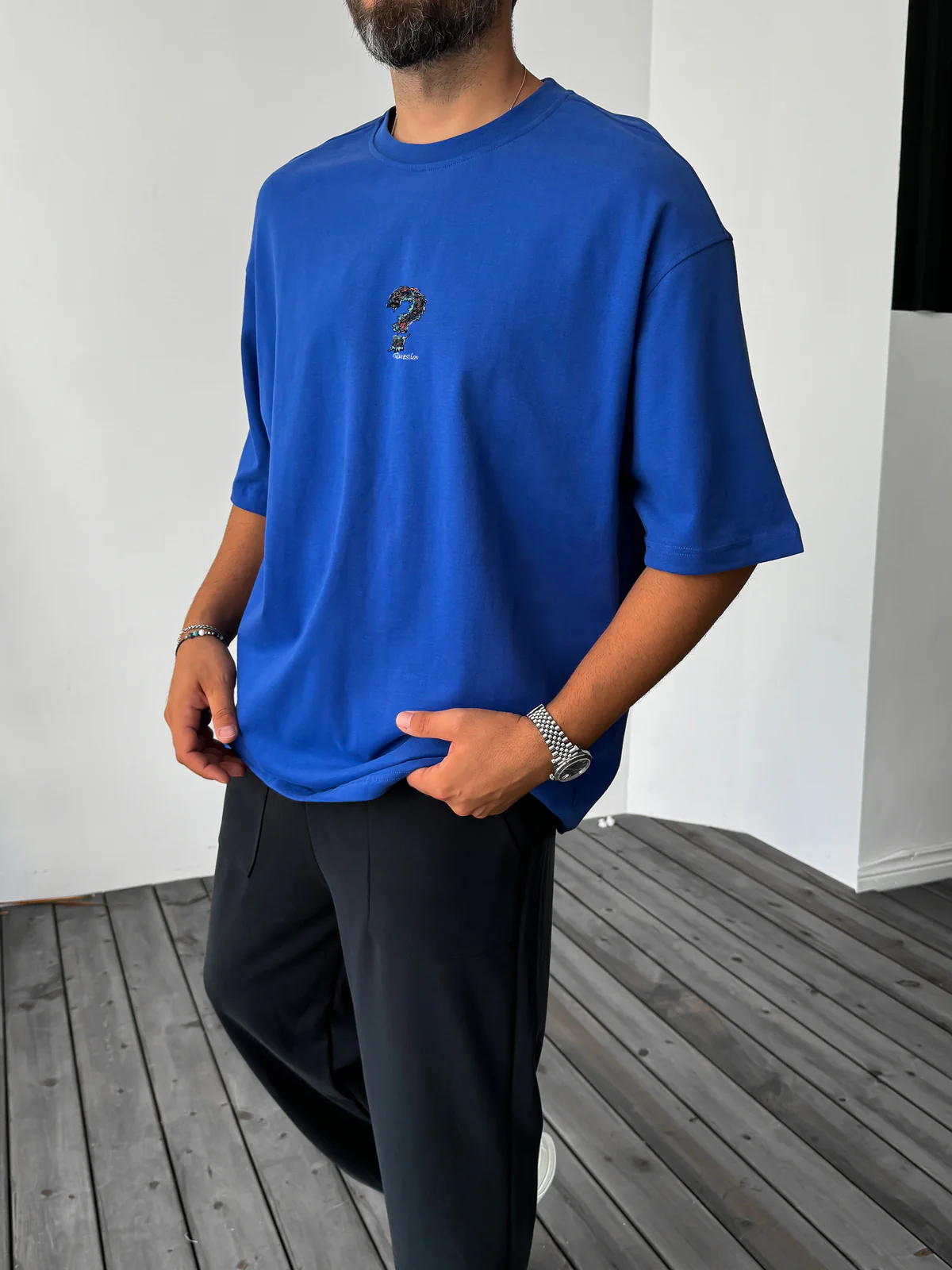Royal Blue "Question" printed Oversize T-Shirt - Image 2