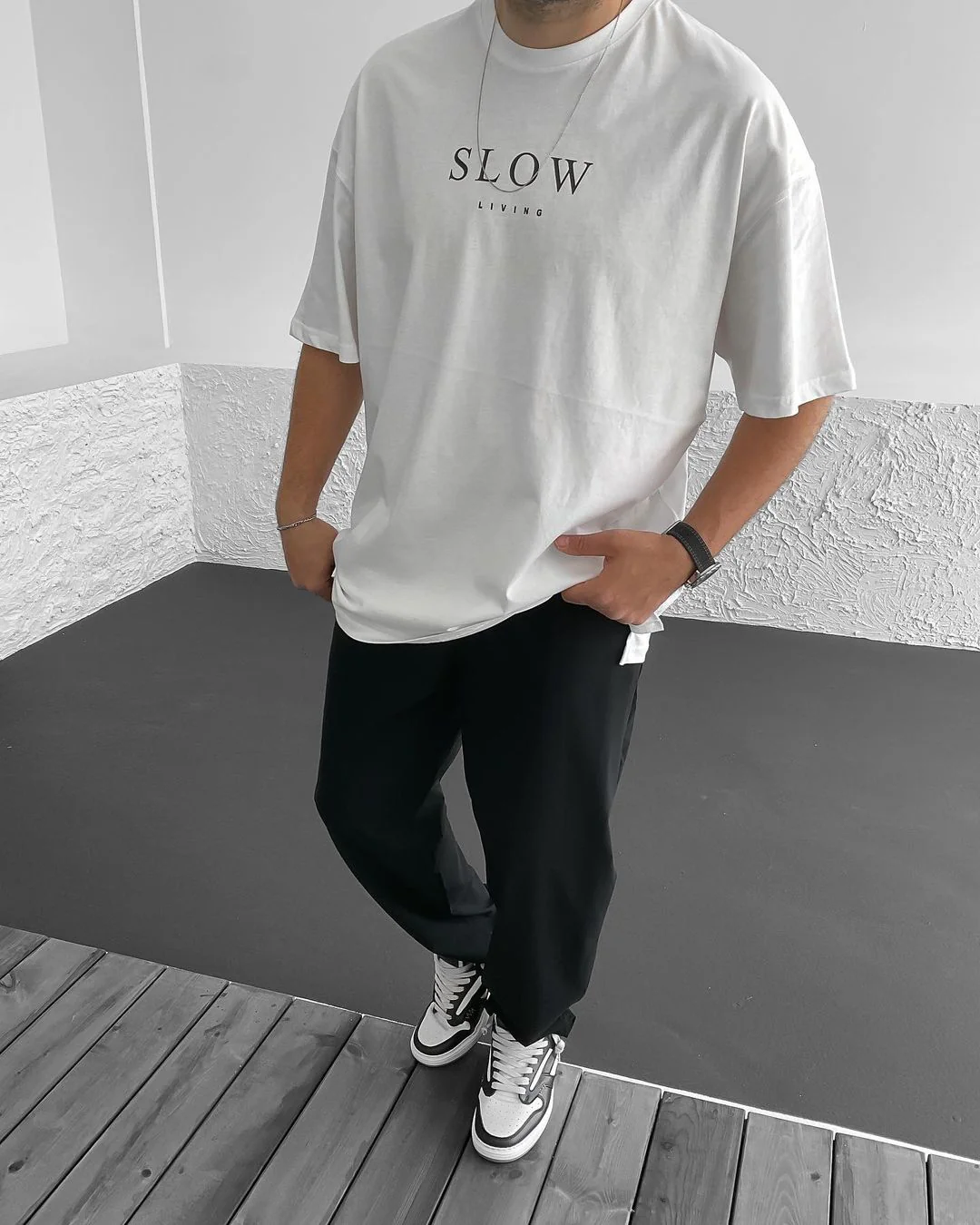 White "Slow Living" Printed Oversize T-Shirt