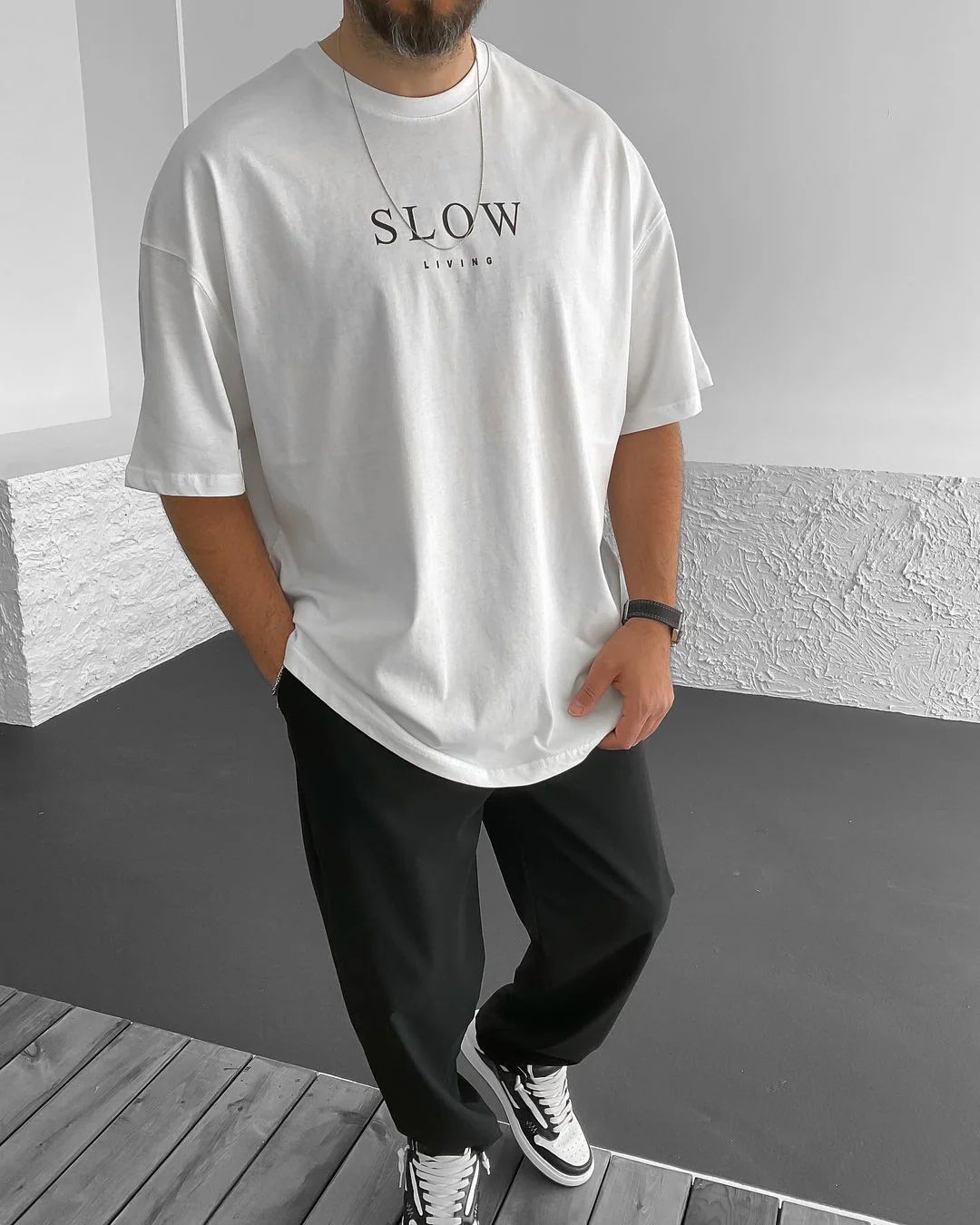 White "Slow Living" Printed Oversize T-Shirt - Image 2