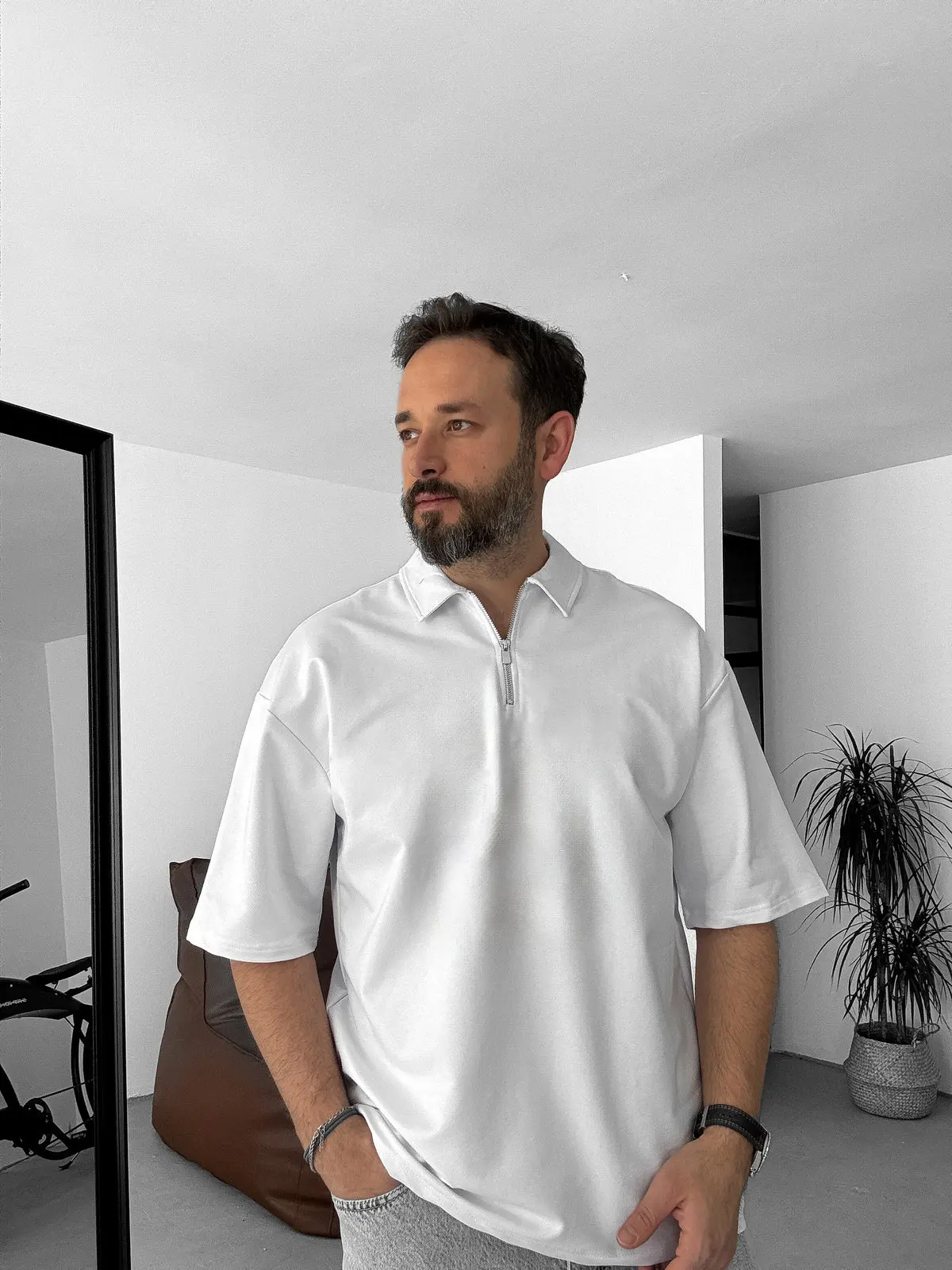 White Basic Half Zipper T-Shirt - Image 4