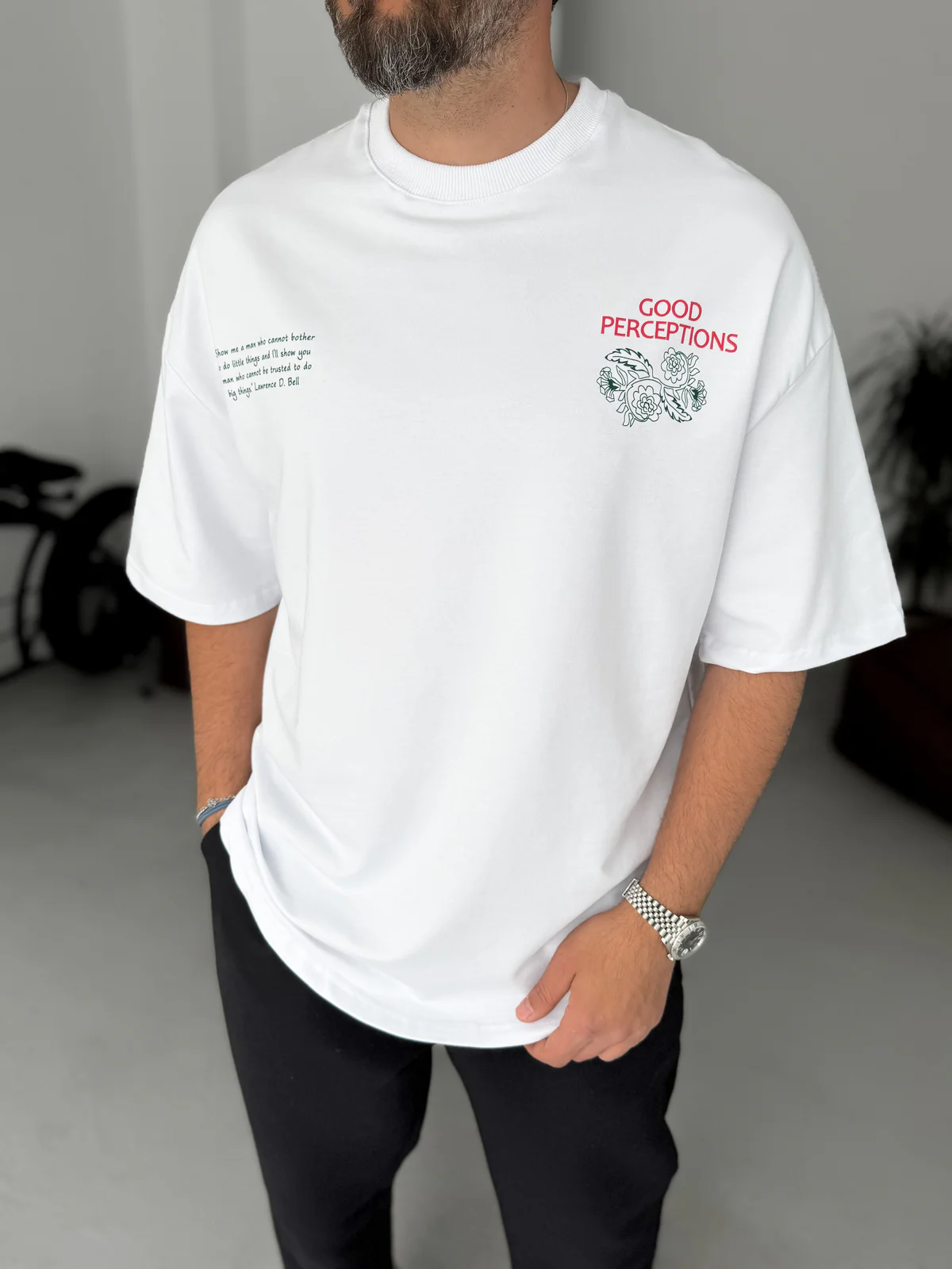 Premium White "Good Perceptions" Printed Oversize T-Shirt