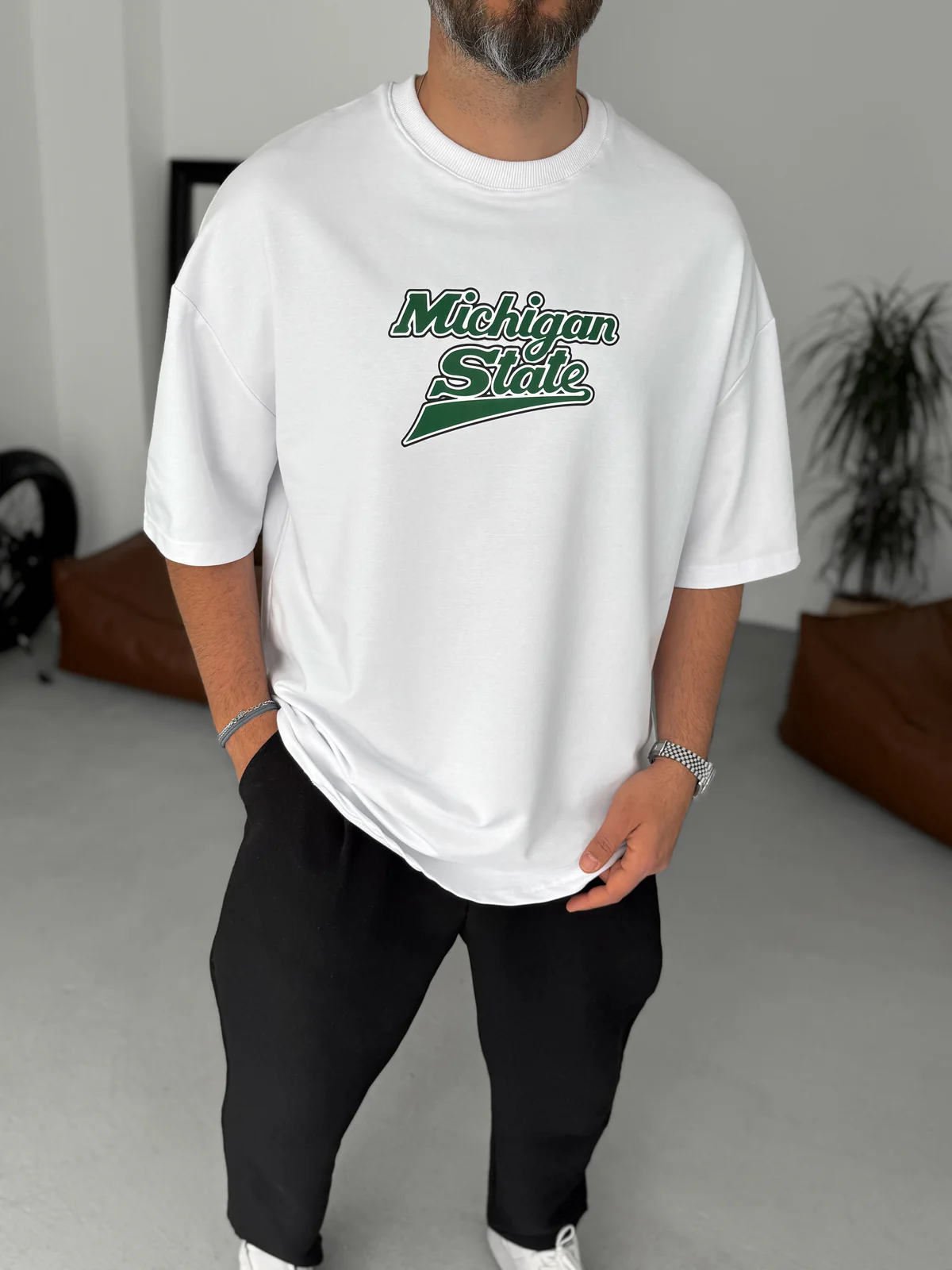 Premium White 'Michigan State' Printed Oversize T-Shirt