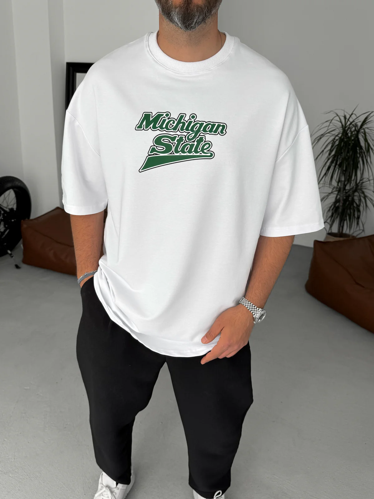 Premium White 'Michigan State' Printed Oversize T-Shirt - Image 2