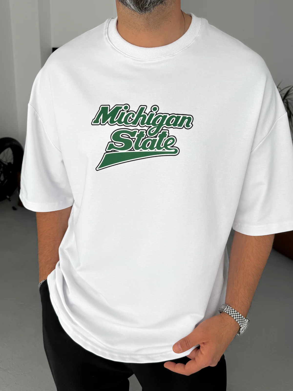 Premium White 'Michigan State' Printed Oversize T-Shirt - Image 3