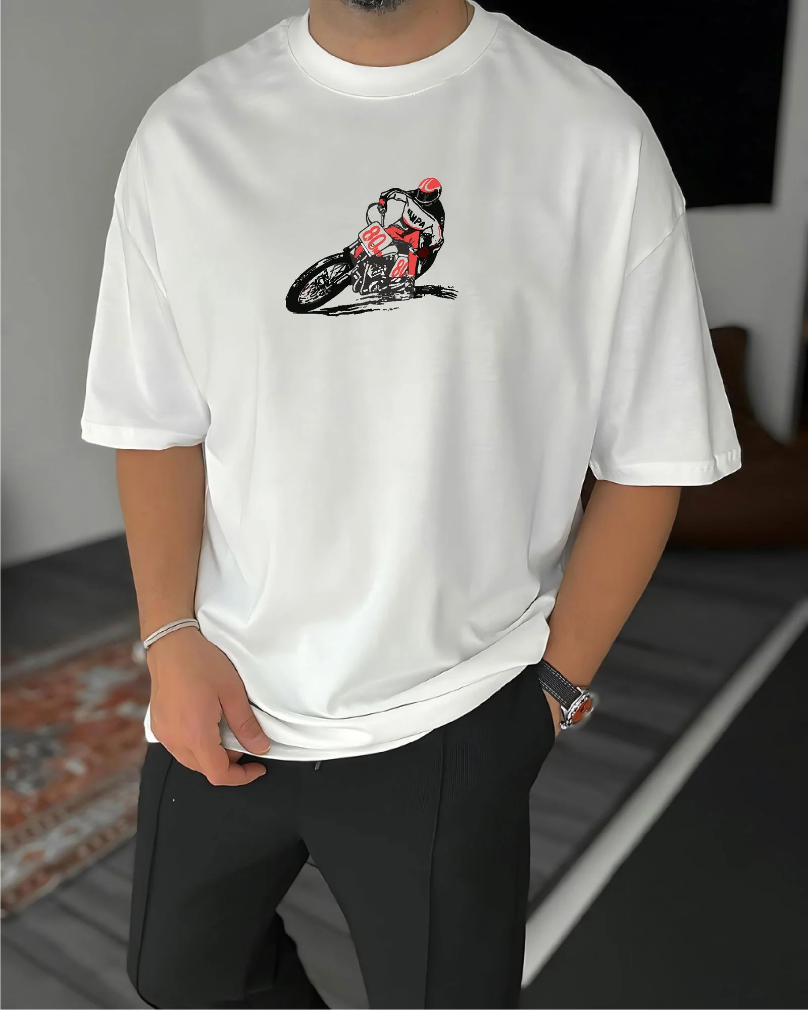 White "Racing" Printed Oversize T-Shirt