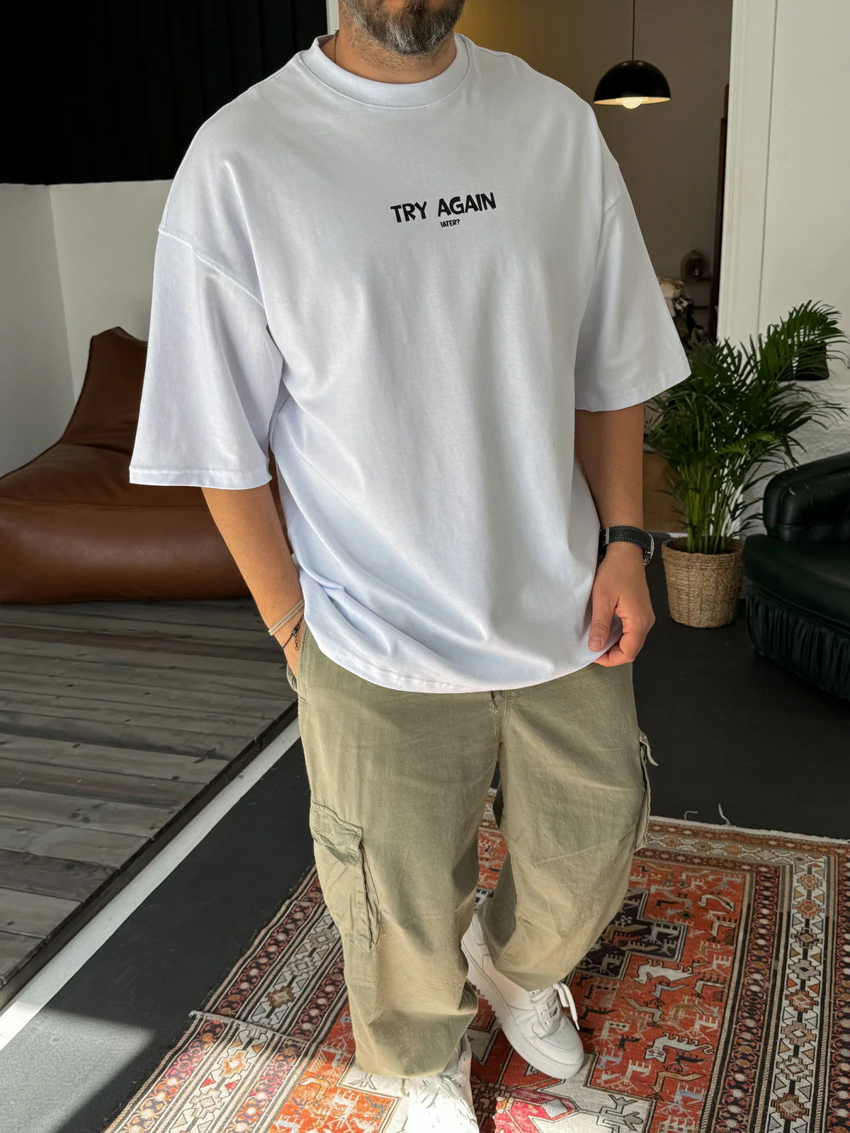 White "Try Again" Printed Oversize T-Shirt - Image 2