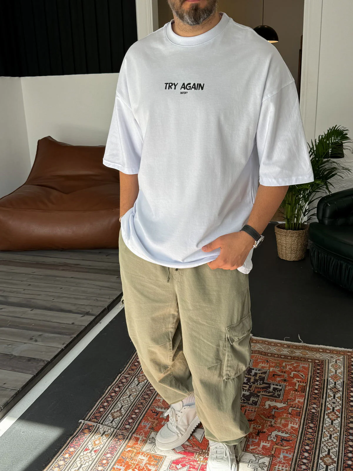 White "Try Again" Printed Oversize T-Shirt - Image 4
