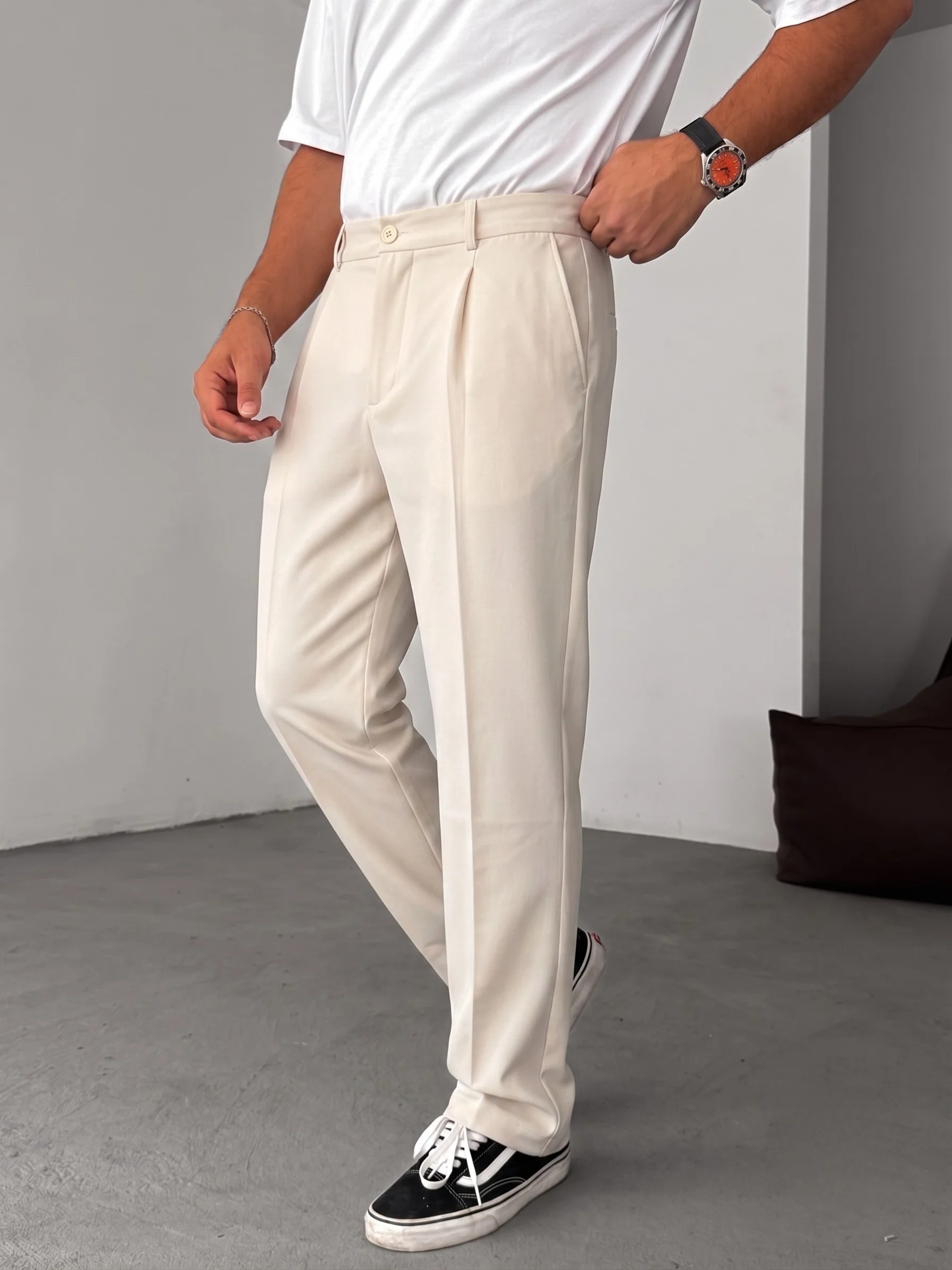 Wide Leg Chino Trousers - Beige - Image 3