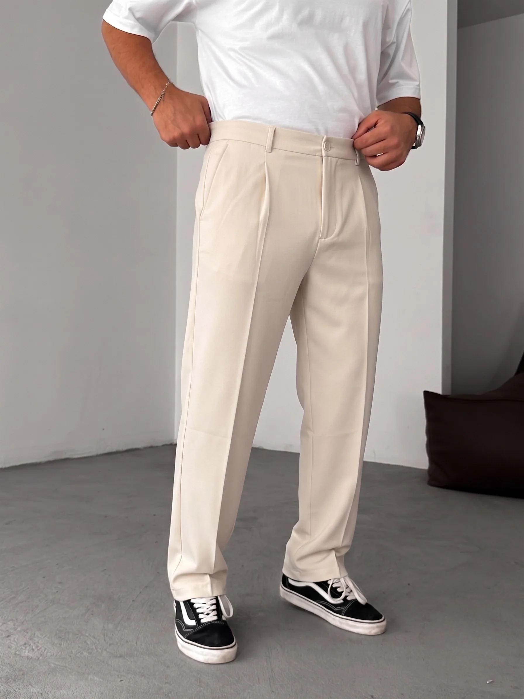 Wide Leg Chino Trousers - Beige - Image 4