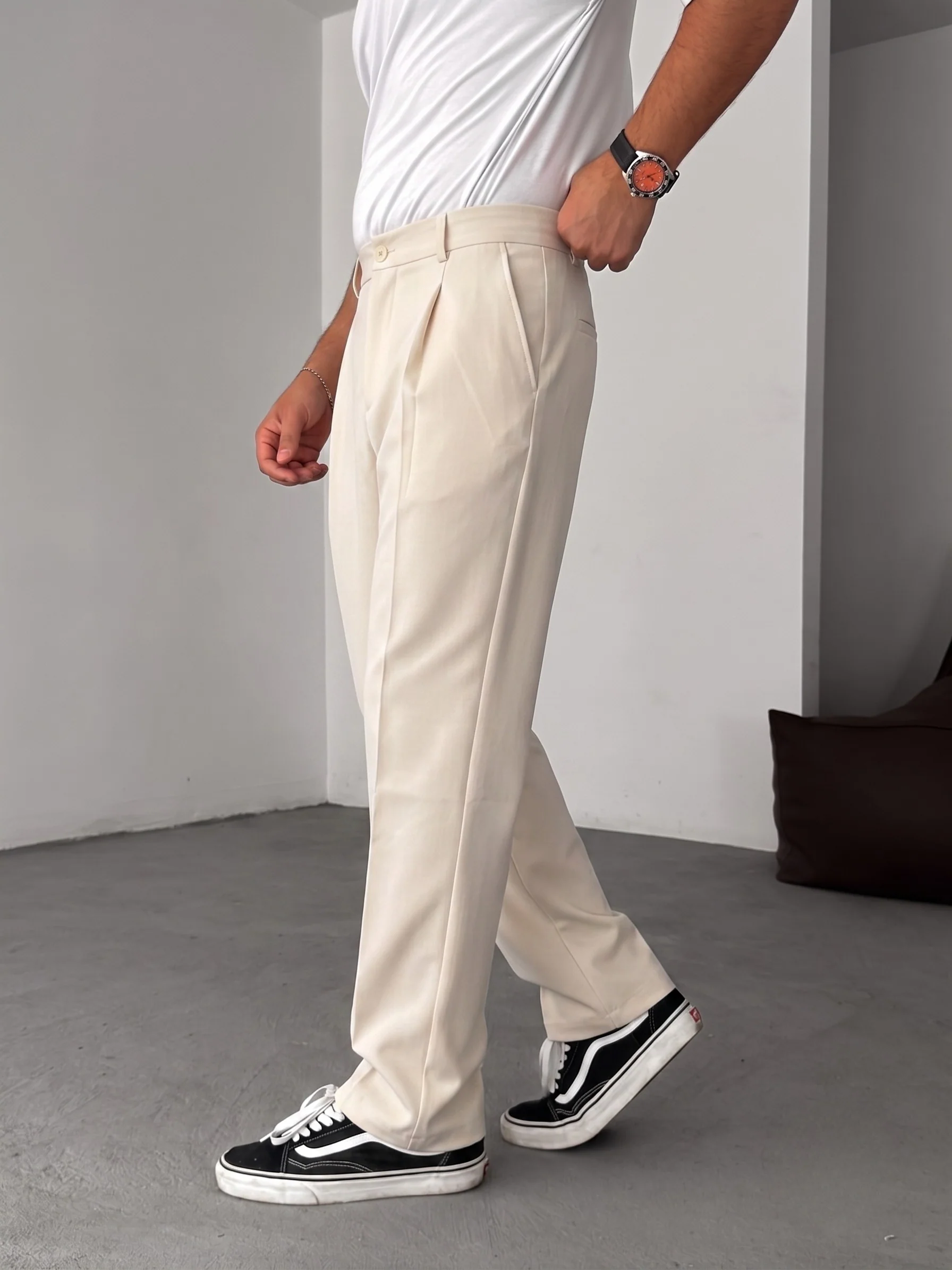 Wide Leg Chino Trousers - Beige - Image 6