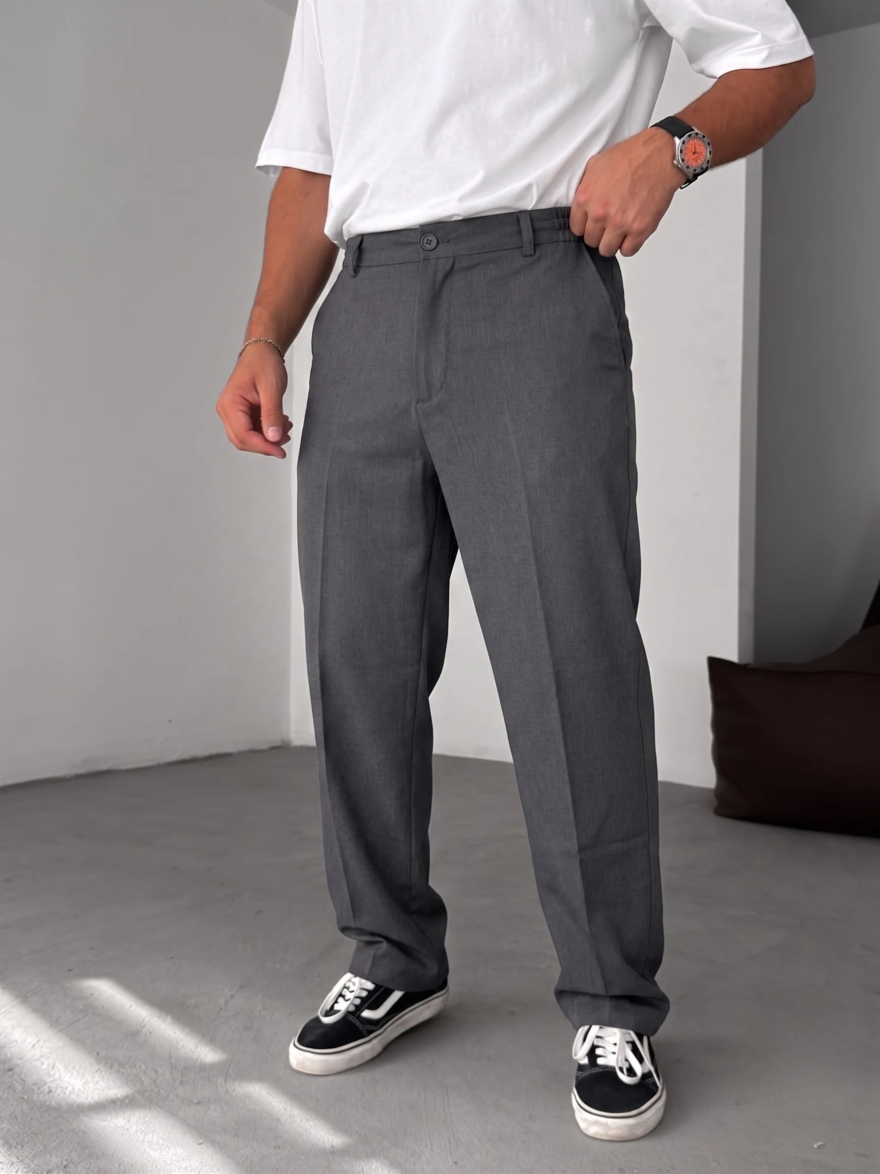 Wide Leg Chino Trousers - Dark Grey - Image 6