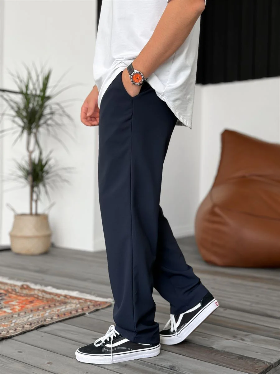 Wide Leg Chino Trousers - Navy Blue - Image 11