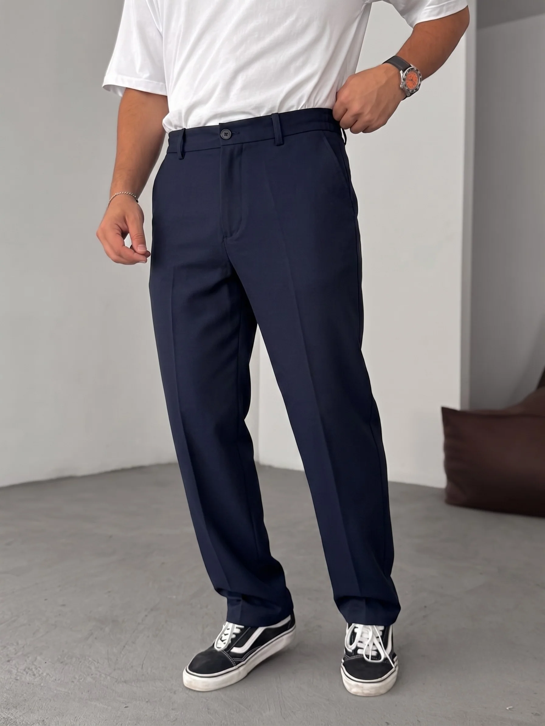 Wide Leg Chino Trousers - Navy Blue - Image 3
