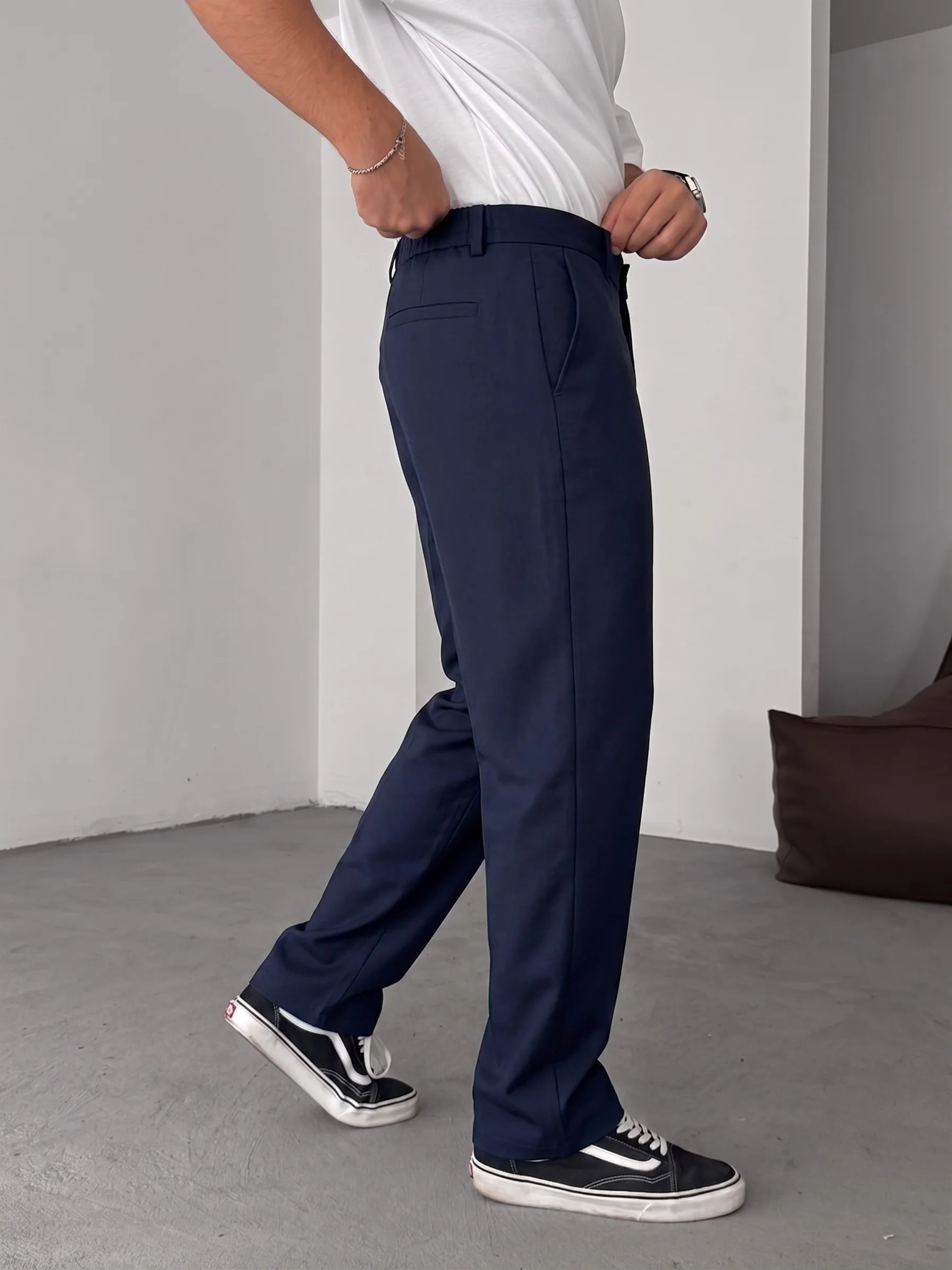 Wide Leg Chino Trousers - Navy Blue - Image 5