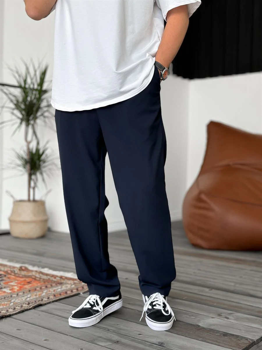 Wide Leg Chino Trousers - Navy Blue - Image 6