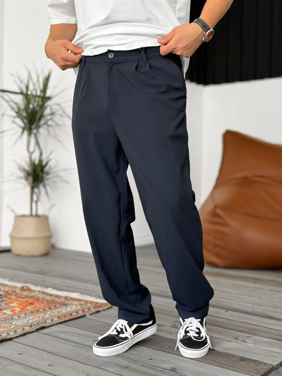 Wide Leg Chino Trousers - Navy Blue - Image 7