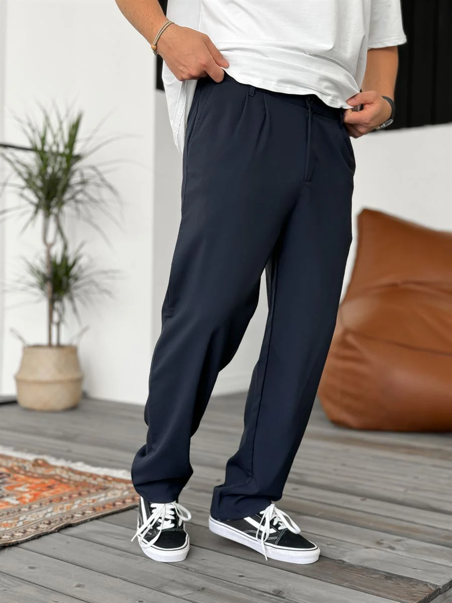 Wide Leg Chino Trousers - Navy Blue - Image 8