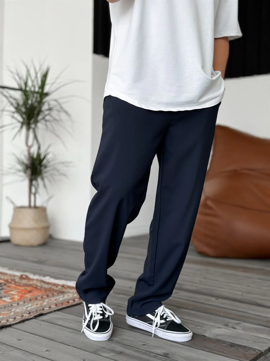 Wide Leg Chino Trousers - Navy Blue - Image 9