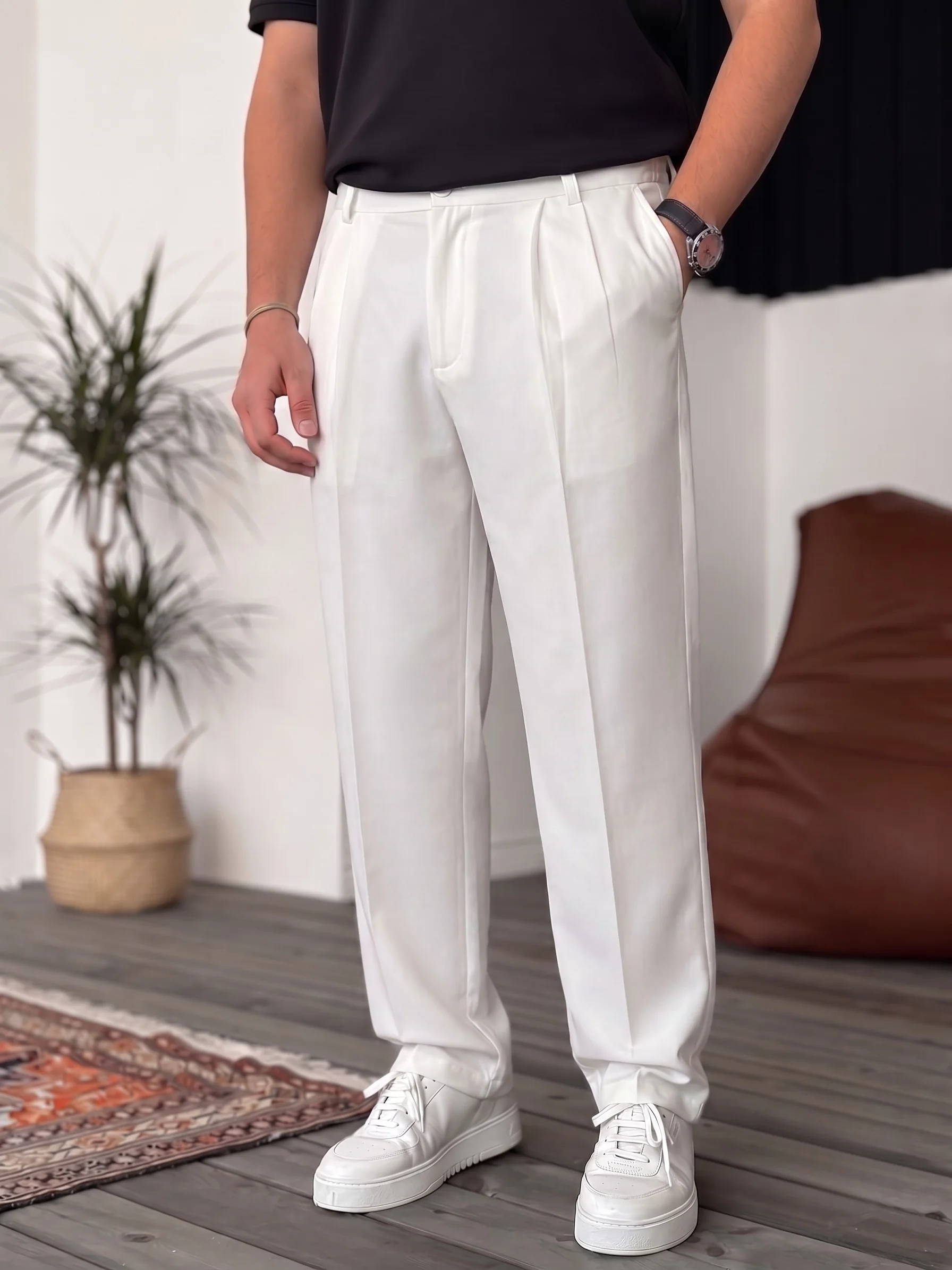Wide Leg Chino Trousers - White - Image 3